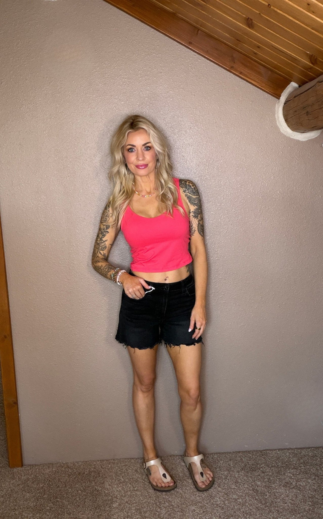 Presley Padded V - Neck Cropped Tank - Flamingo Pink - Timber &amp; Velvet Boutique