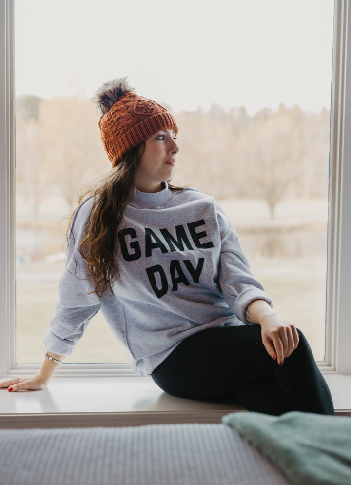 Reversible "Game Day" &amp; "Sunday Funday" Mock Neck Sweatshirt – Charcoal/Heather Grey - Timber &amp; Velvet Boutique
