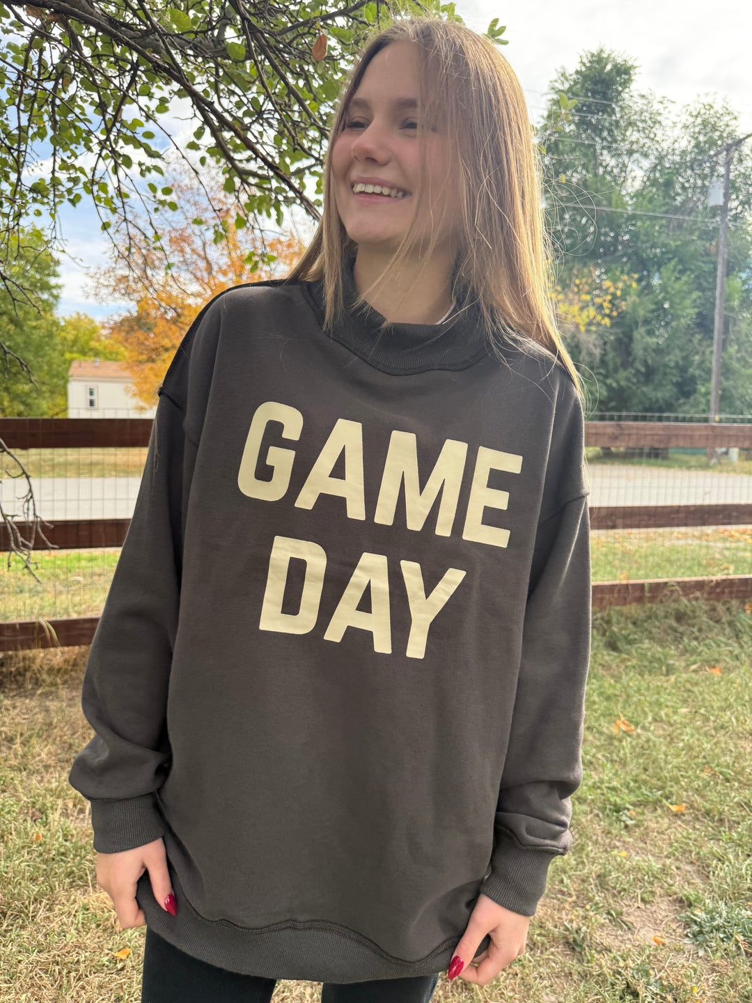 Reversible "Game Day" &amp; "Sunday Funday" Mock Neck Sweatshirt – Charcoal/Heather Grey - Timber &amp; Velvet Boutique