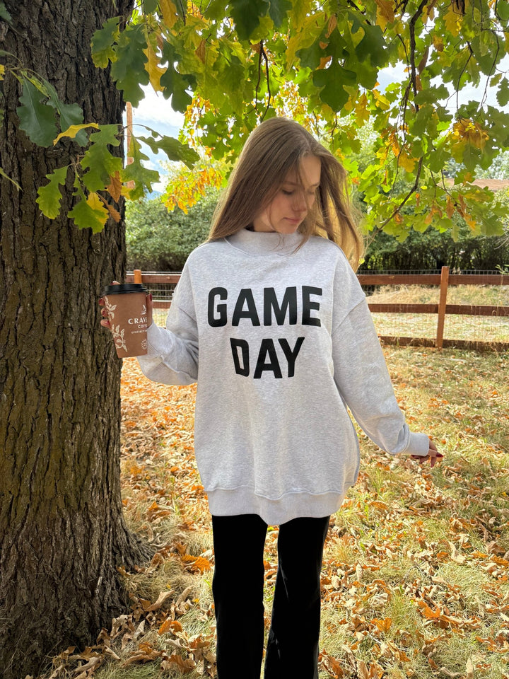 Reversible "Game Day" &amp; "Sunday Funday" Mock Neck Sweatshirt – Charcoal/Heather Grey - Timber &amp; Velvet Boutique