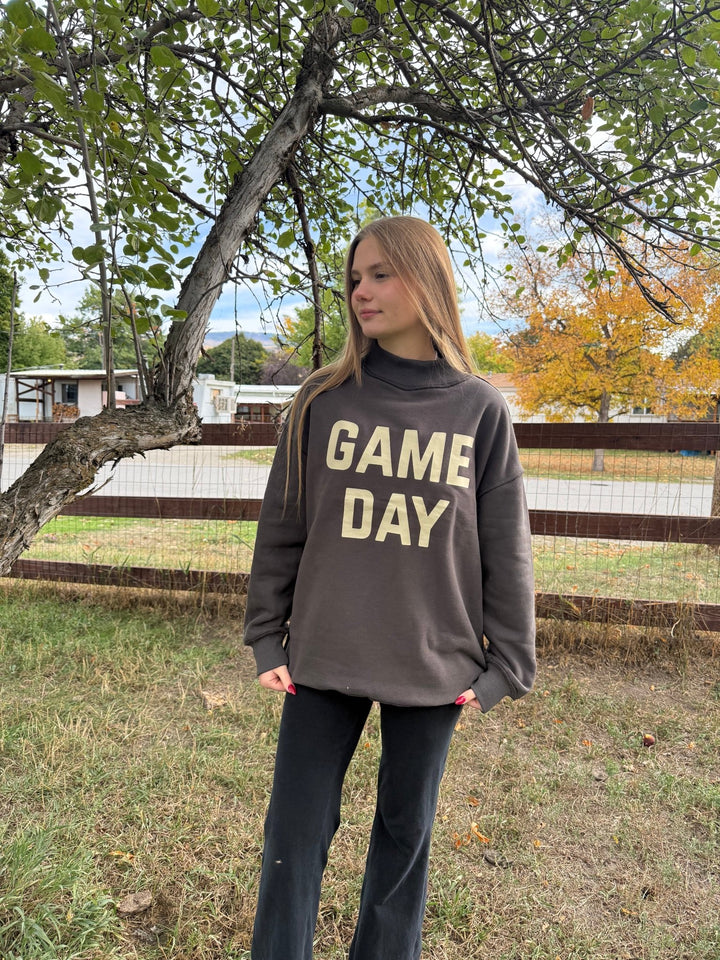 Reversible "Game Day" &amp; "Sunday Funday" Mock Neck Sweatshirt – Charcoal/Heather Grey - Timber &amp; Velvet Boutique