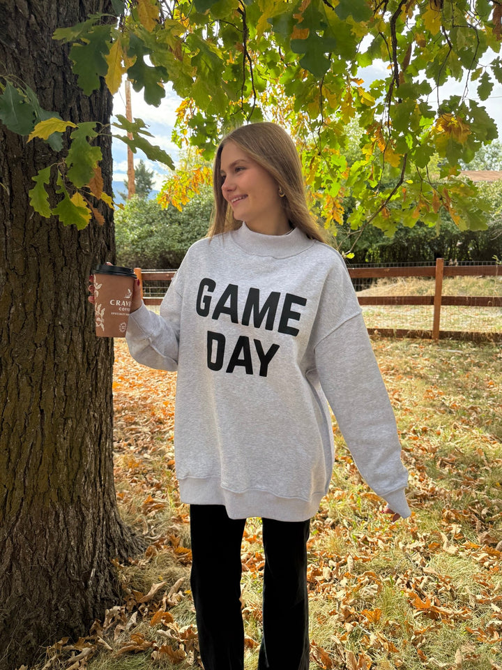 Reversible "Game Day" &amp; "Sunday Funday" Mock Neck Sweatshirt – Charcoal/Heather Grey - Timber &amp; Velvet Boutique