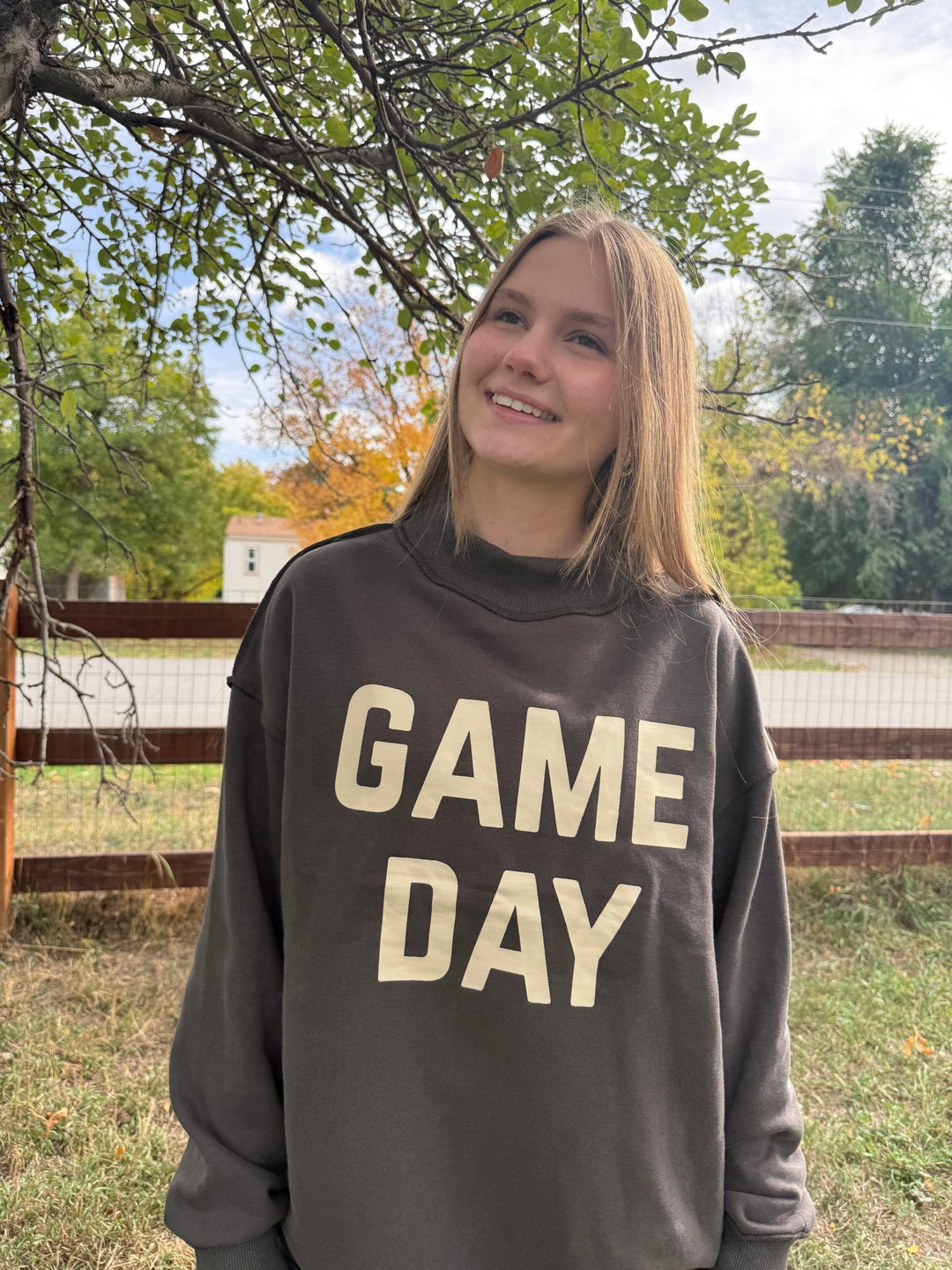 Reversible "Game Day" &amp; "Sunday Funday" Mock Neck Sweatshirt – Charcoal/Heather Grey - Timber &amp; Velvet Boutique