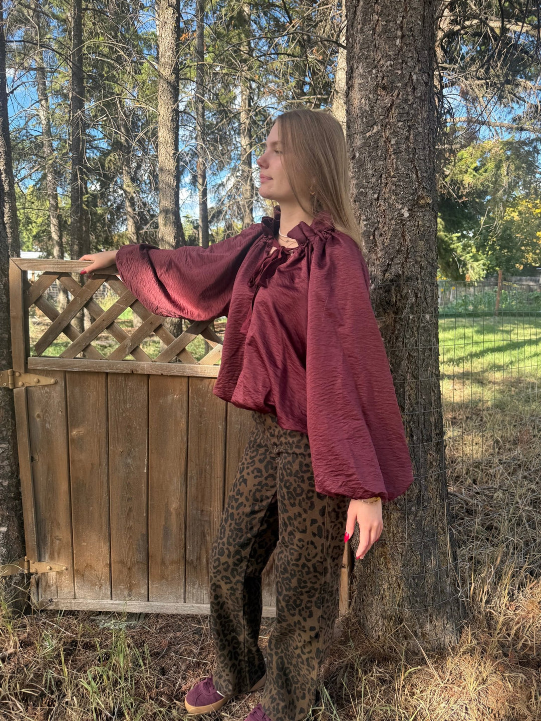 Rhiannon Ruffle Neck Poncho Sleeve Blouse - Burgundy - Timber &amp; Velvet Boutique