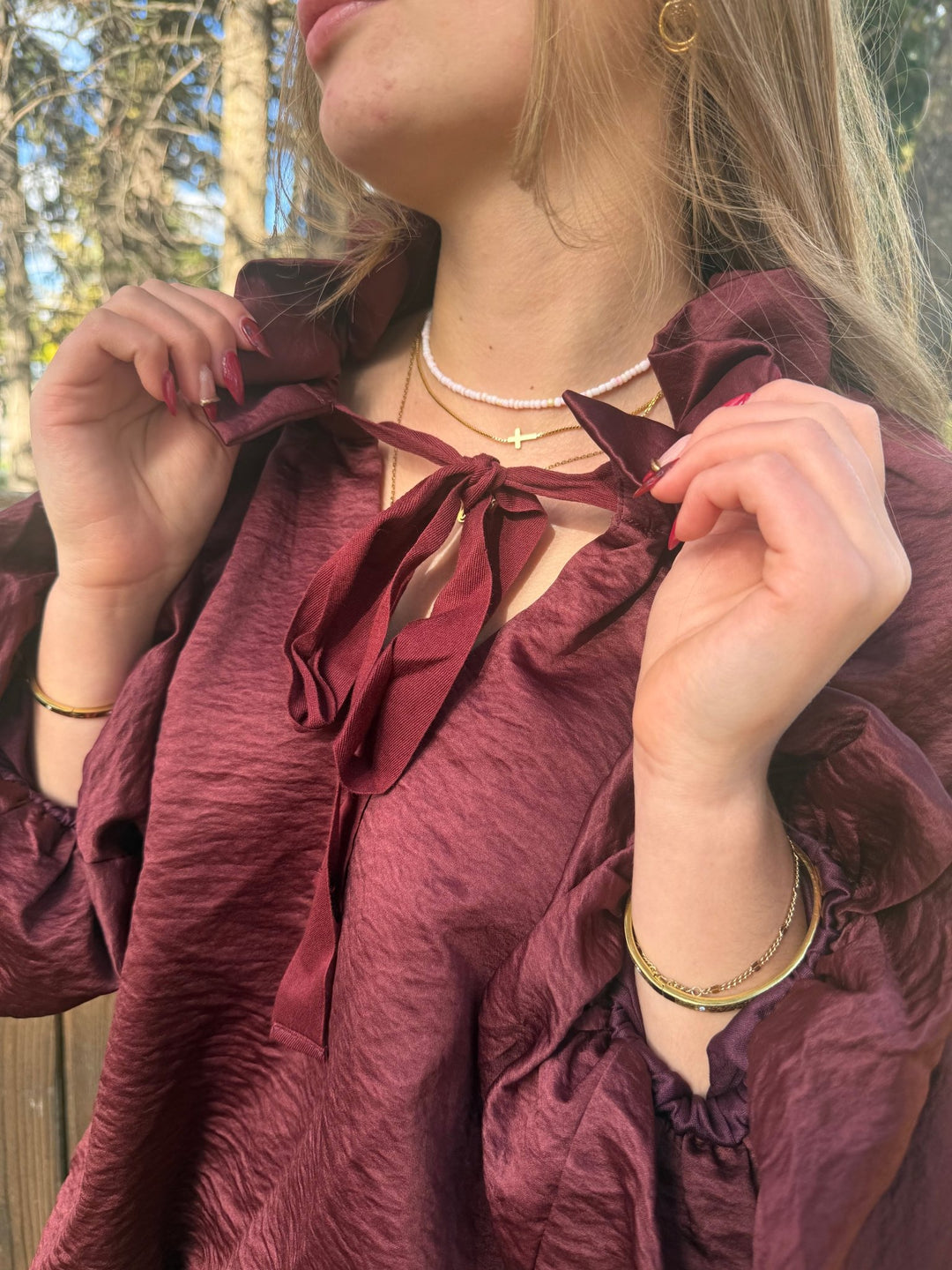 Rhiannon Ruffle Neck Poncho Sleeve Blouse - Burgundy - Timber &amp; Velvet Boutique