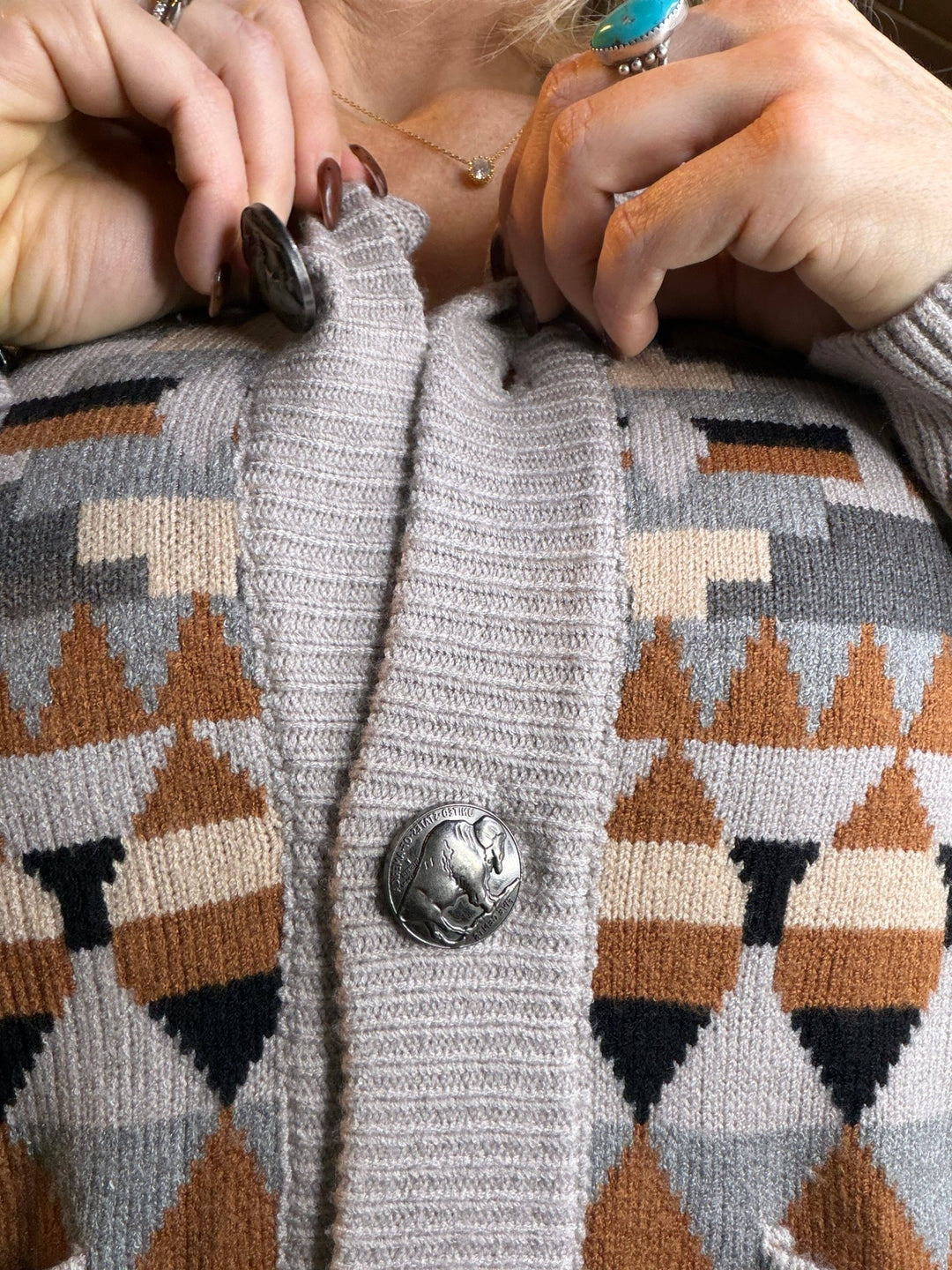 Rodeo Quincy Rena Western Cardigan – Aztec Horseshoe Knit Sweater - Timber &amp; Velvet Boutique