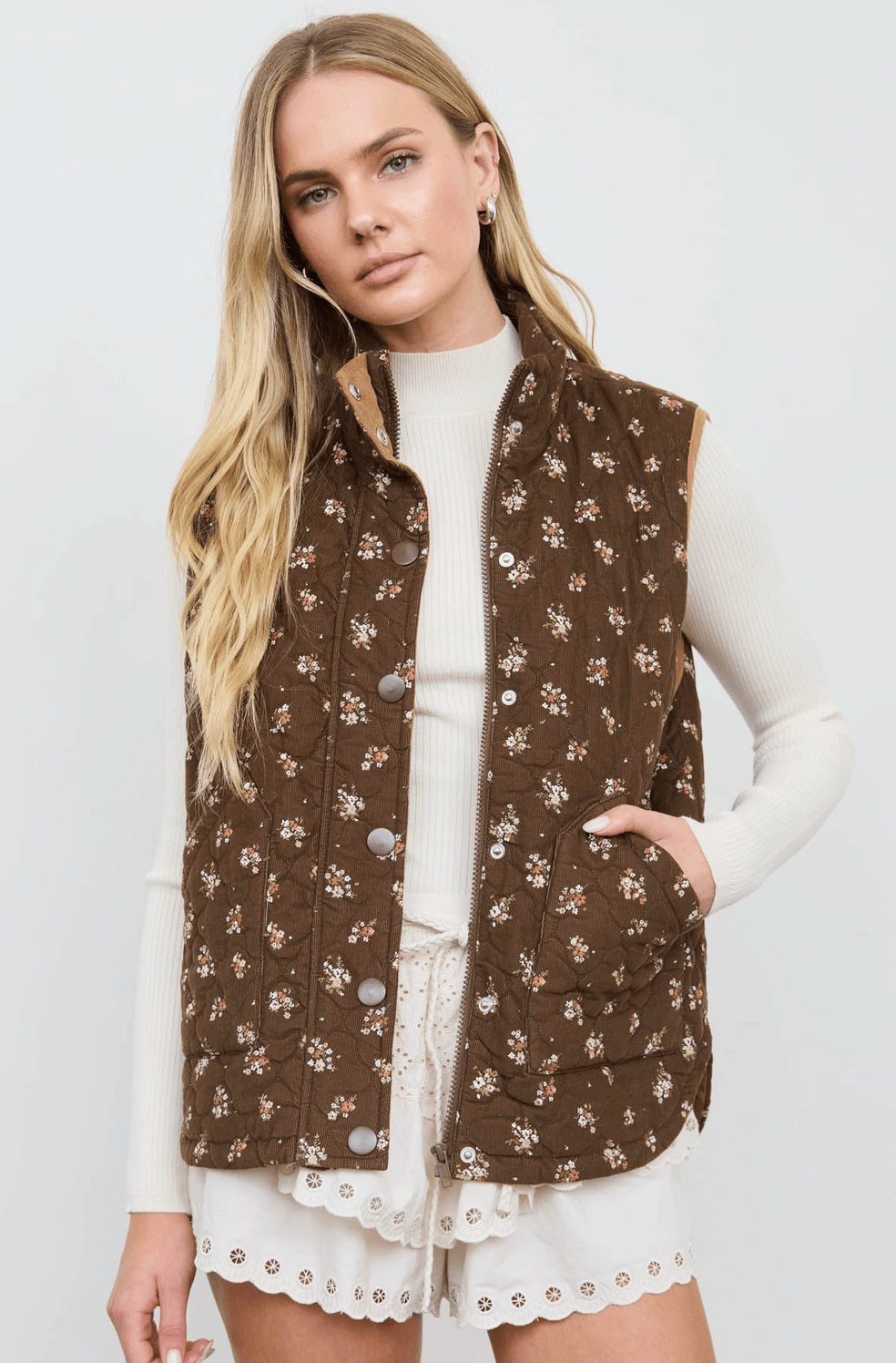Taylor Ditsy Floral Quilted Mock Neck Vest - Timber &amp; Velvet Boutique