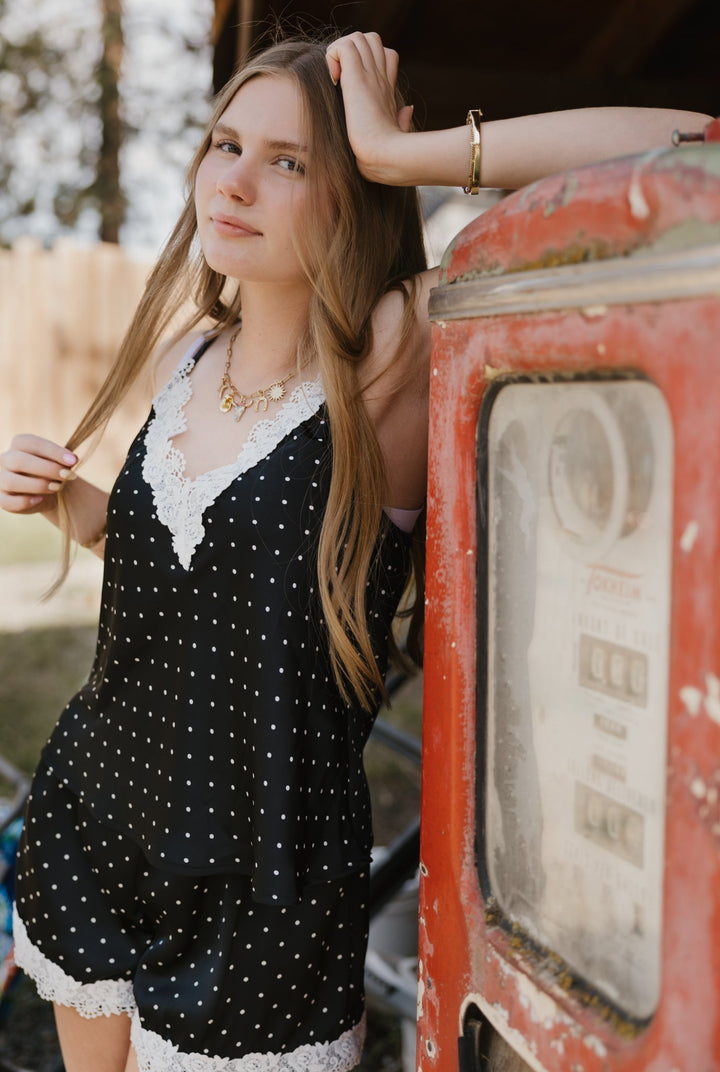 The Alessa Polka Dot Lace Trim Shorts - Timber &amp; Velvet Boutique