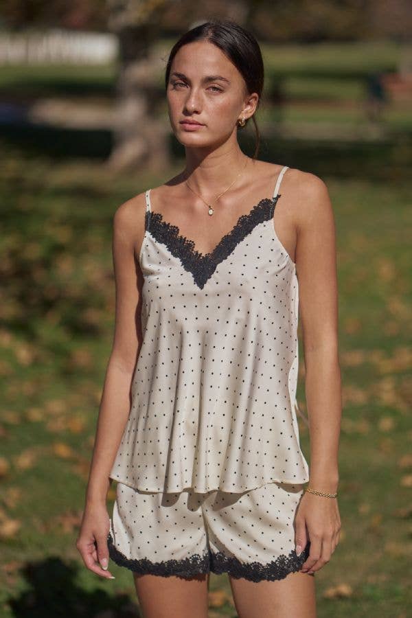 The Alessa Satin Polka Dot Lace Trim Cami - Timber &amp; Velvet Boutique