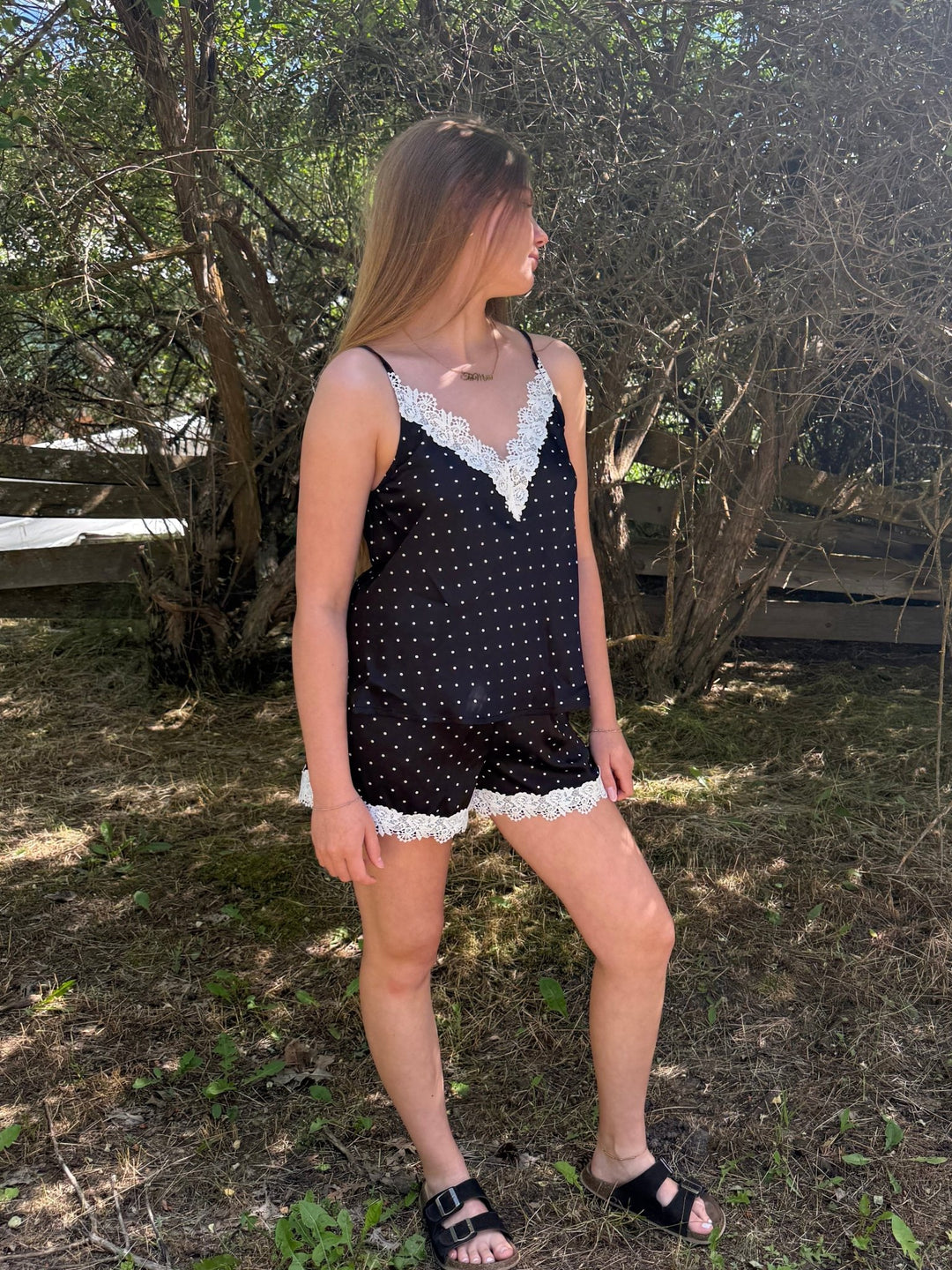 The Alessa Satin Polka Dot Lace Trim Cami - Timber &amp; Velvet Boutique