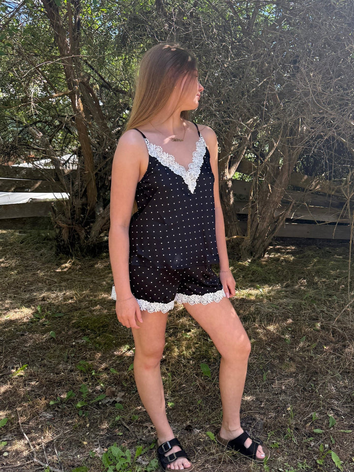 The Alessa Satin Polka Dot Lace Trim Cami - Timber &amp; Velvet Boutique