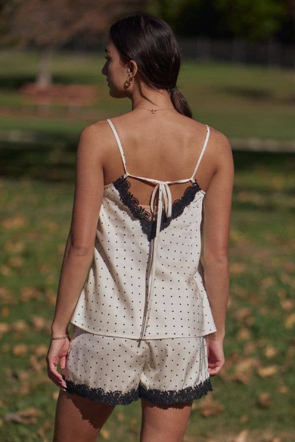The Alessa Satin Polka Dot Lace Trim Cami - Timber &amp; Velvet Boutique