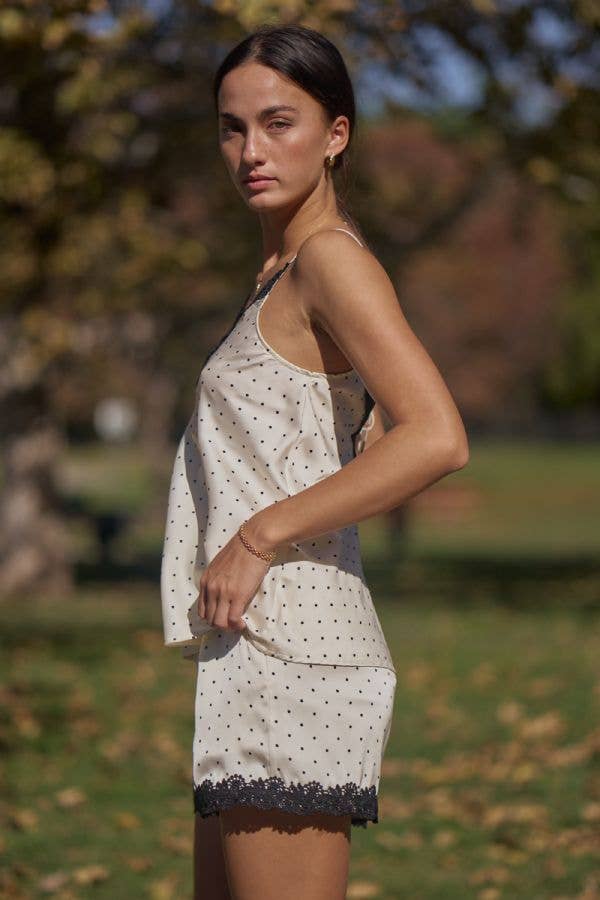 The Alessa Satin Polka Dot Lace Trim Cami - Timber &amp; Velvet Boutique