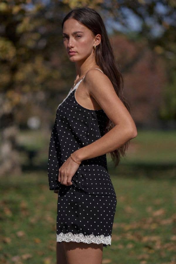 The Alessa Satin Polka Dot Lace Trim Cami - Timber &amp; Velvet Boutique