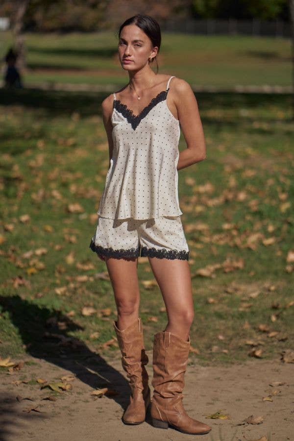 The Alessa Satin Polka Dot Lace Trim Cami - Timber &amp; Velvet Boutique