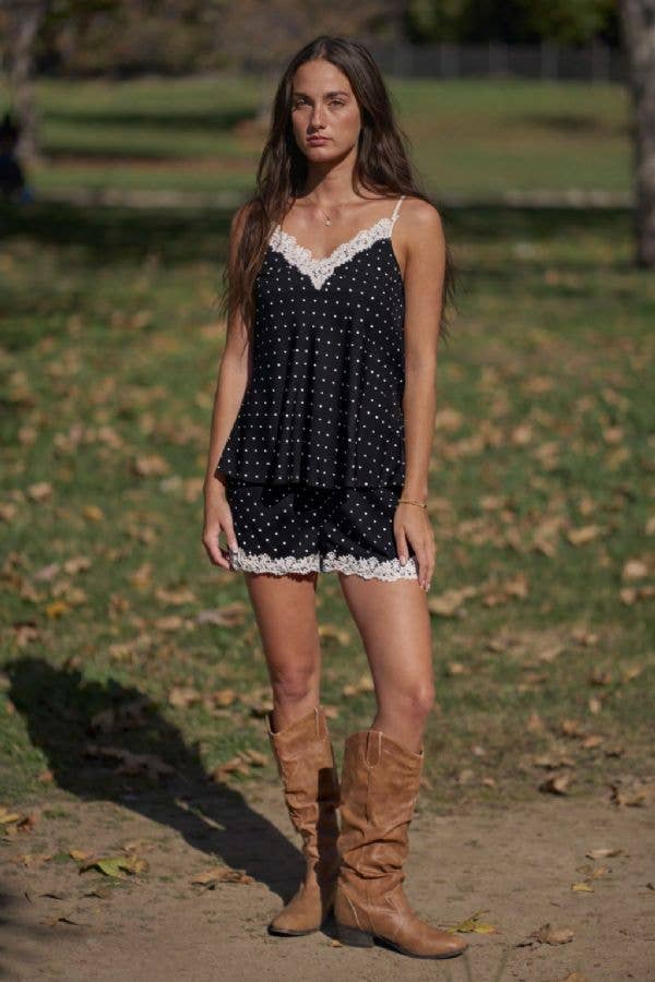 The Alessa Satin Polka Dot Lace Trim Cami - Timber &amp; Velvet Boutique