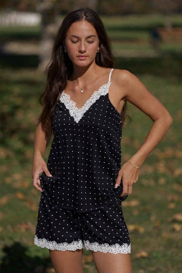 The Alessa Satin Polka Dot Lace Trim Cami - Timber &amp; Velvet Boutique