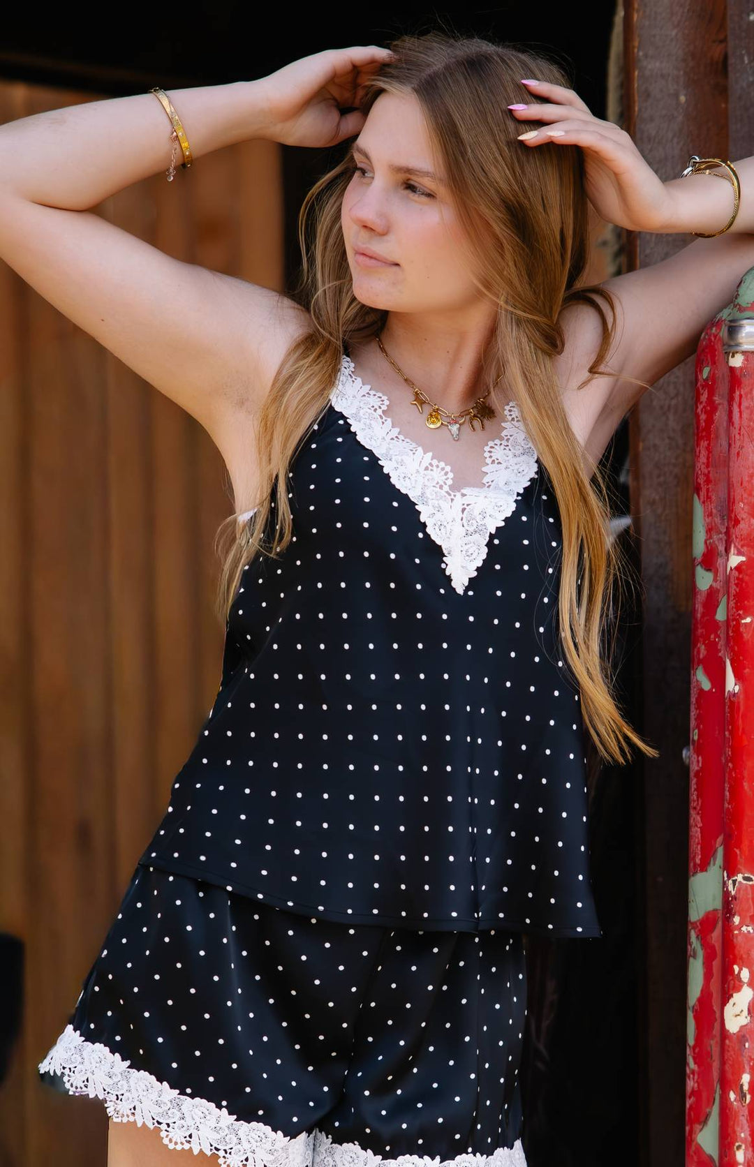 The Alessa Satin Polka Dot Lace Trim Cami - Timber & Velvet Boutique