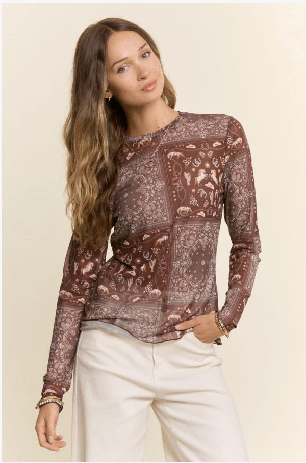 The Astrid Western Bandana Patchwork Mesh Top - Timber & Velvet Boutique