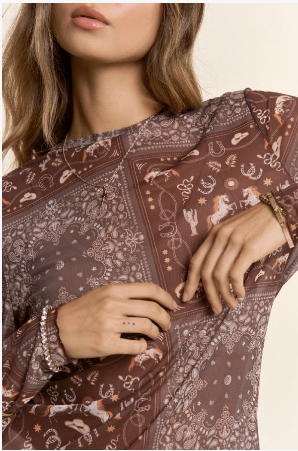 The Astrid Western Bandana Patchwork Mesh Top - Timber &amp; Velvet Boutique
