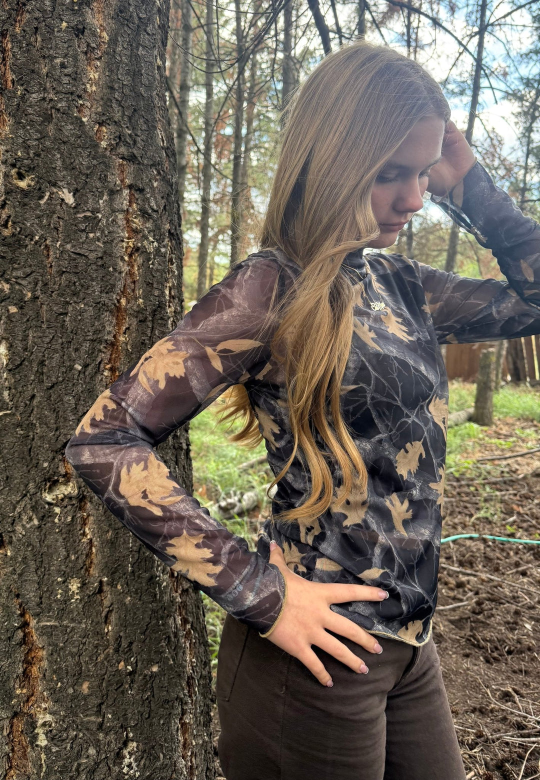 The Autumn Maple Camo Sheer Mesh Long Sleeve Top - Timber &amp; Velvet Boutique