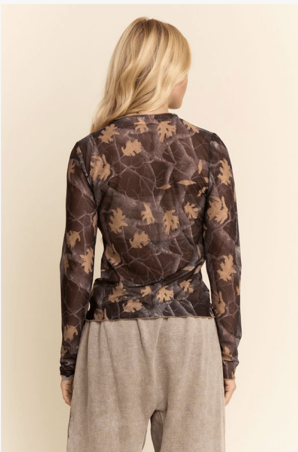The Autumn Maple Camo Sheer Mesh Long Sleeve Top - Timber &amp; Velvet Boutique