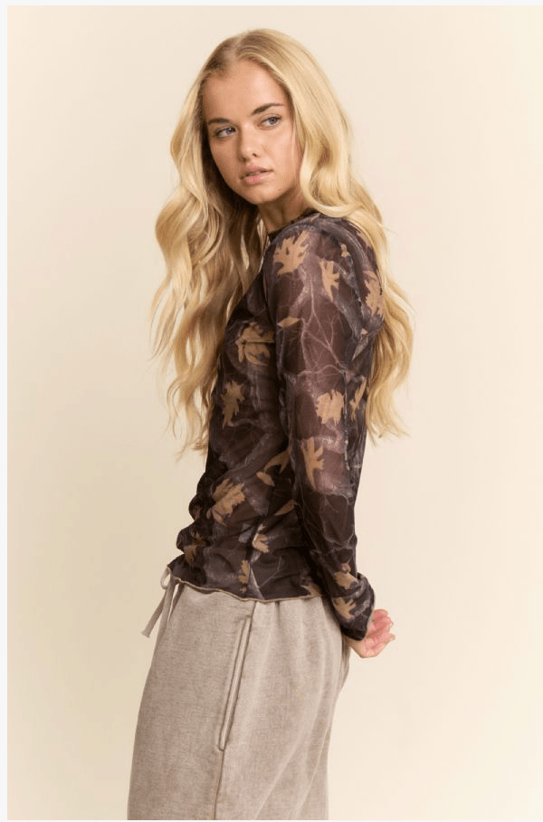 The Autumn Maple Camo Sheer Mesh Long Sleeve Top - Timber &amp; Velvet Boutique
