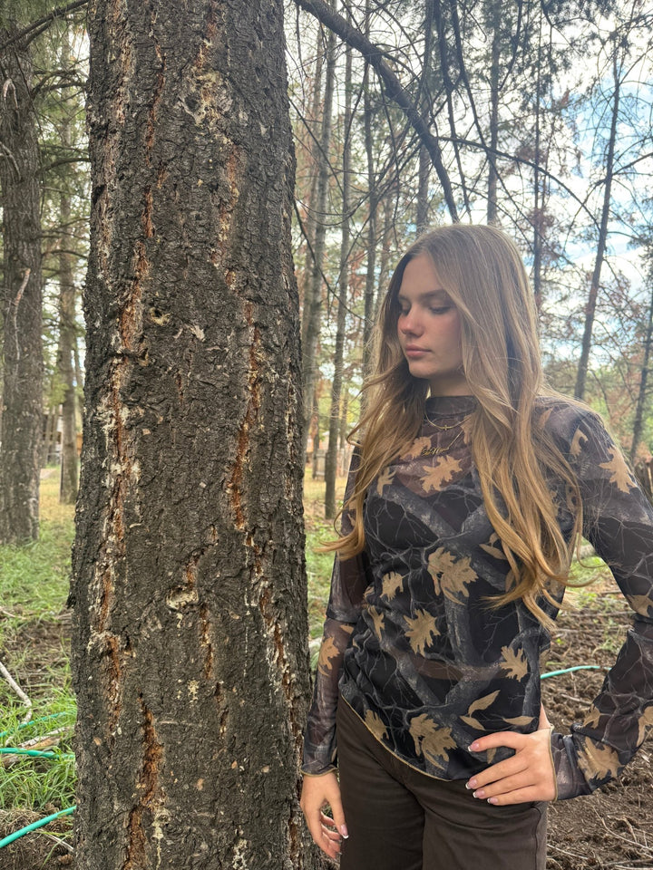 The Autumn Maple Camo Sheer Mesh Long Sleeve Top - Timber &amp; Velvet Boutique