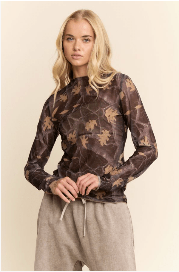 The Autumn Maple Camo Sheer Mesh Long Sleeve Top - Timber &amp; Velvet Boutique