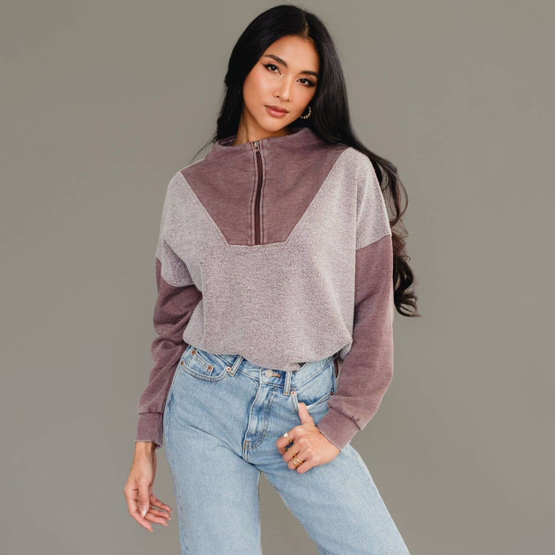 The Bernie Mixed Media Color Block Quarter Zip Sweatshirt - Timber & Velvet Boutique