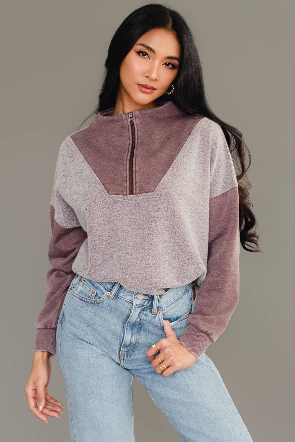 The Bernie Mixed Media Color Block Quarter Zip Sweatshirt - Timber &amp; Velvet Boutique