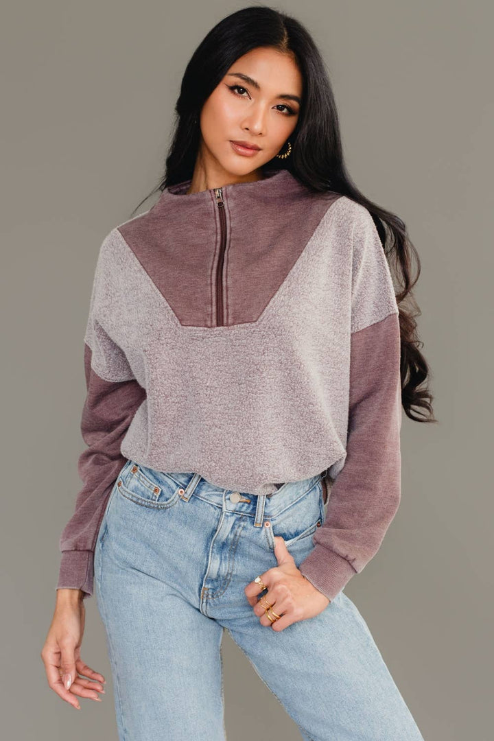 The Bernie Mixed Media Color Block Quarter Zip Sweatshirt - Timber &amp; Velvet Boutique