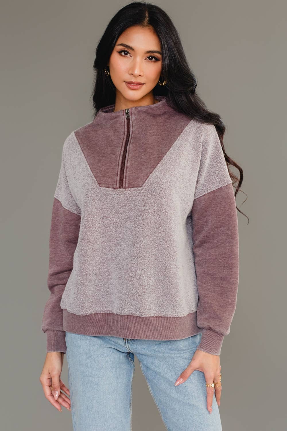 The Bernie Mixed Media Color Block Quarter Zip Sweatshirt - Timber &amp; Velvet Boutique