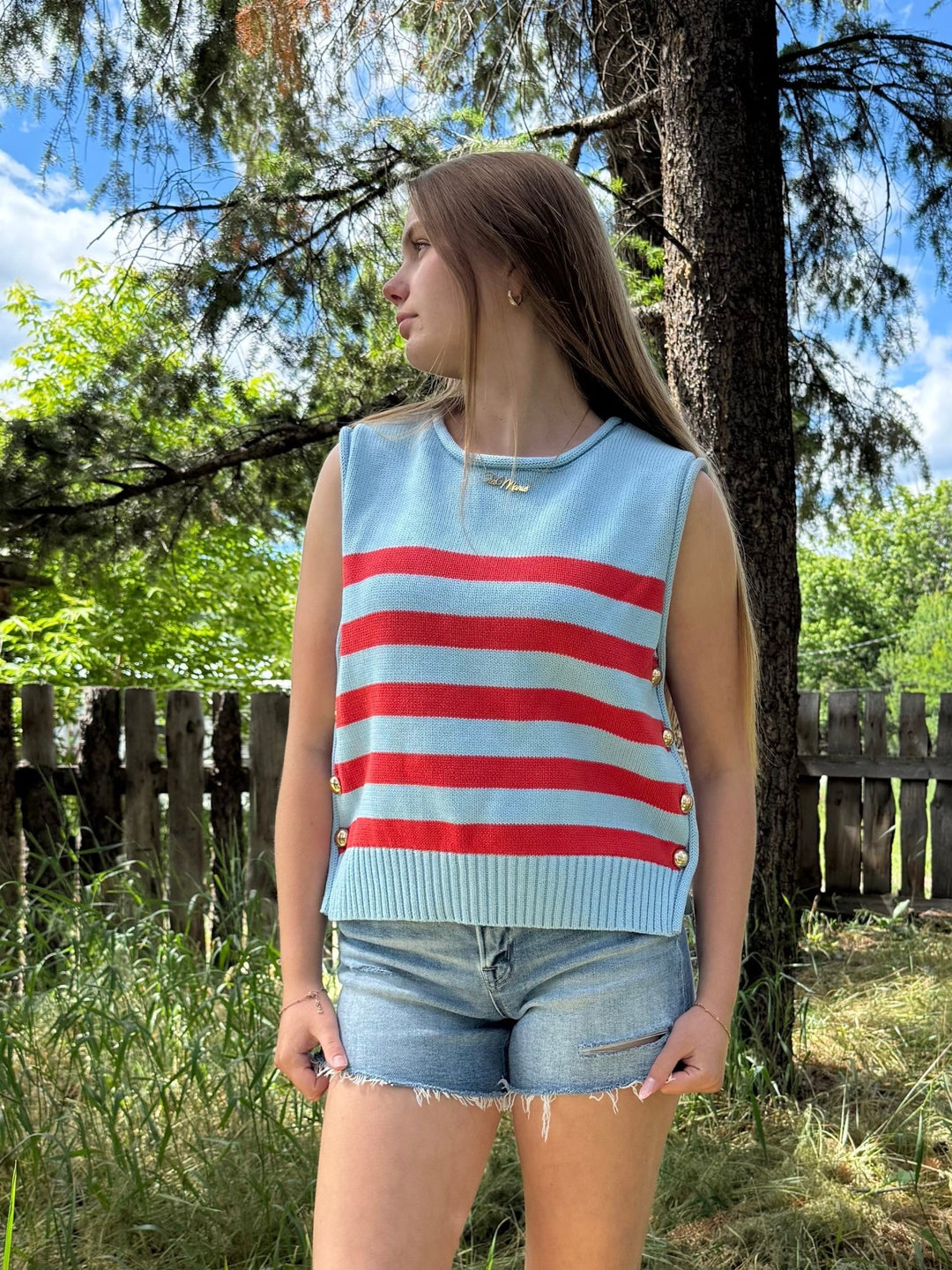 The Bonnie Nautical Striped Sleeveless Cotton Knit Vest with Gold Buttons - Timber & Velvet Boutique