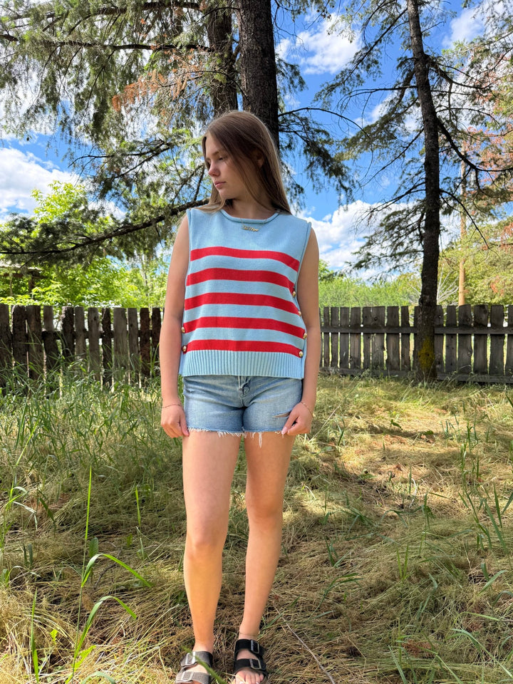 The Bonnie Nautical Striped Sleeveless Cotton Knit Vest with Gold Buttons - Timber &amp; Velvet Boutique