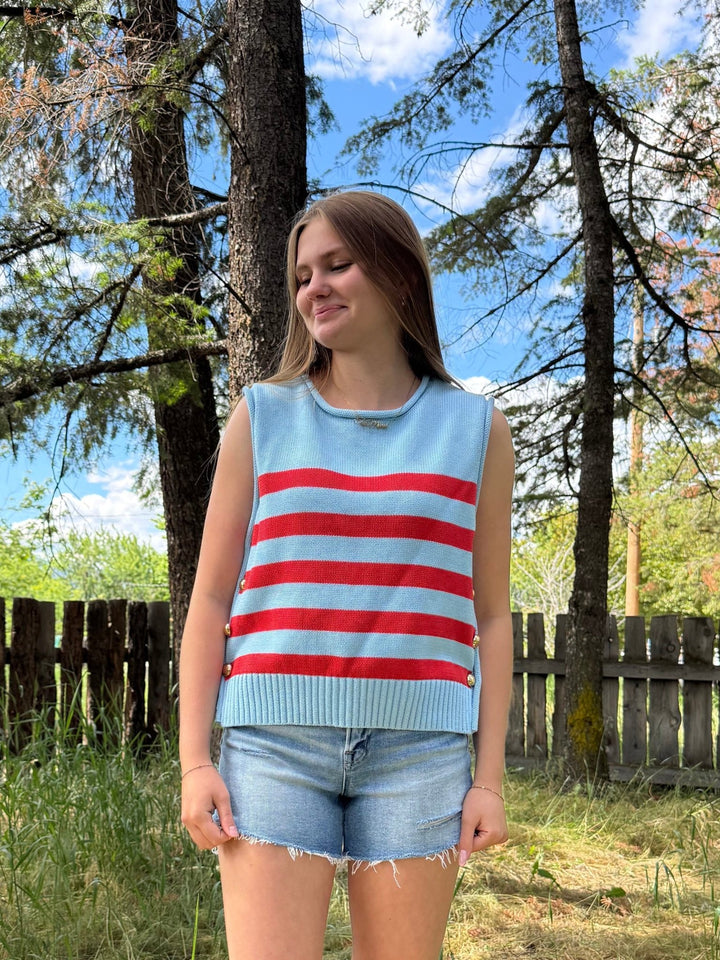 The Bonnie Nautical Striped Sleeveless Cotton Knit Vest with Gold Buttons - Timber &amp; Velvet Boutique