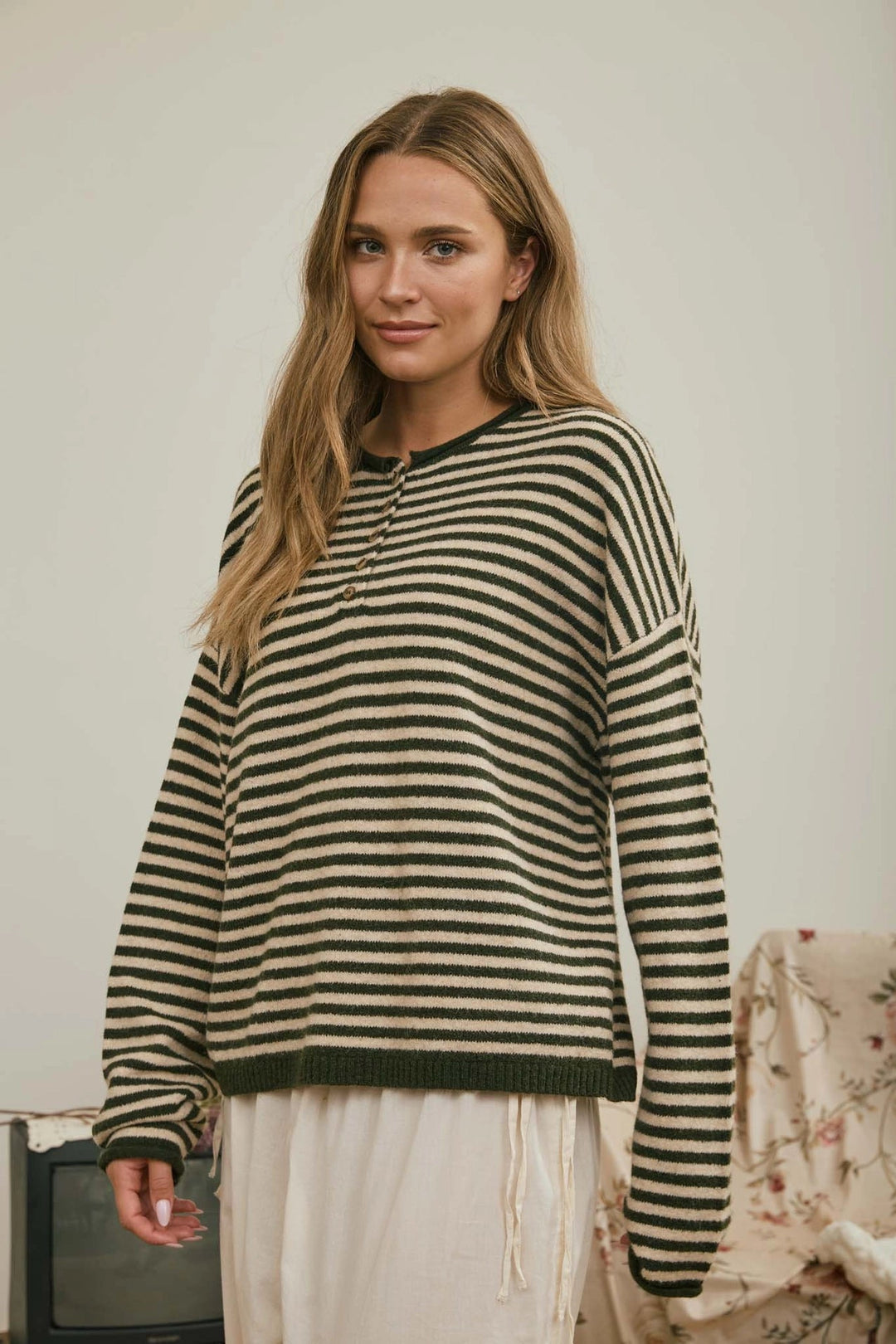 The Edith Eco-Knit Striped Henley Cardigan - Timber & Velvet Boutique