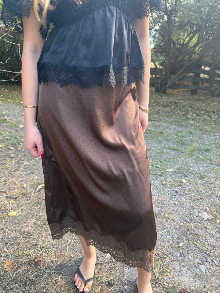 The Fable Lace-Trim Polka Dot Midi Skirt – Chocolate Brown - Timber &amp; Velvet Boutique