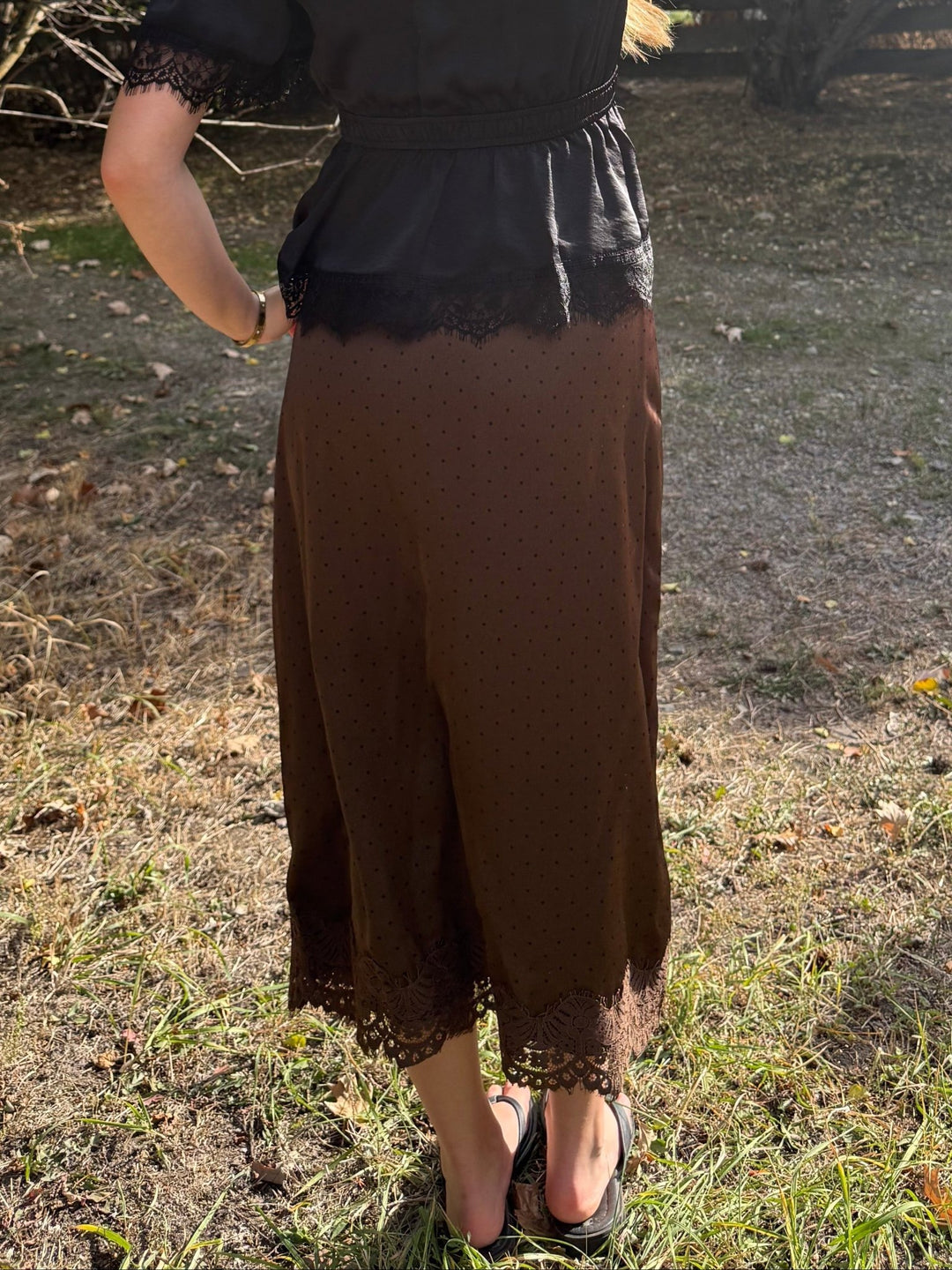 The Fable Lace-Trim Polka Dot Midi Skirt – Chocolate Brown - Timber &amp; Velvet Boutique