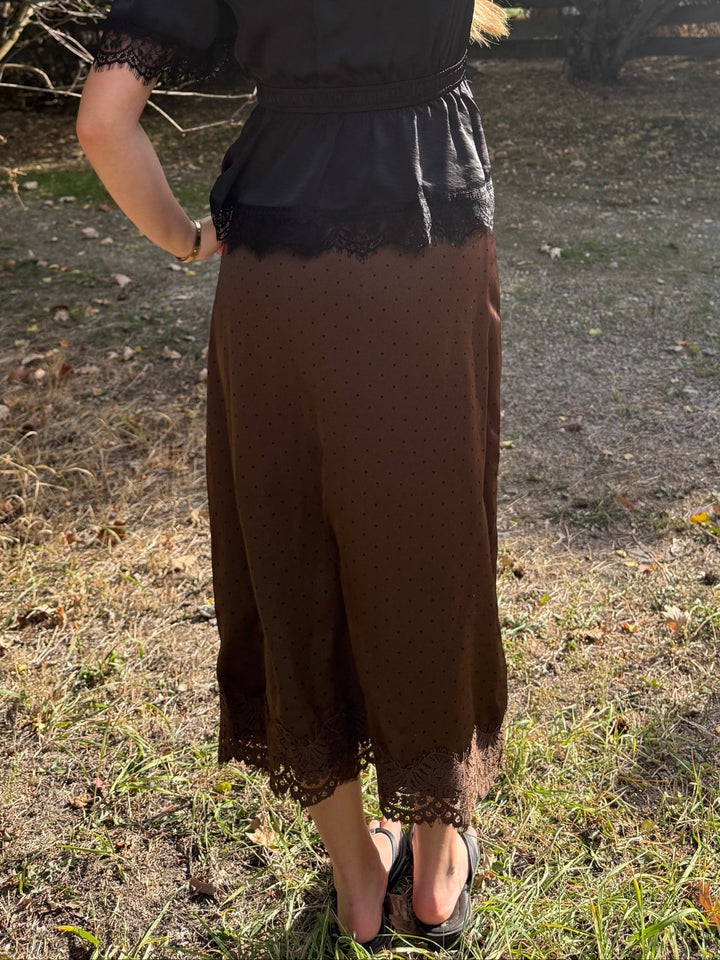 The Fable Lace-Trim Polka Dot Midi Skirt – Chocolate Brown - Timber &amp; Velvet Boutique