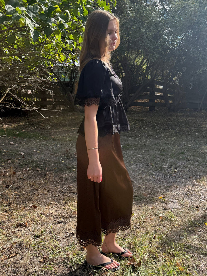 The Fable Lace-Trim Polka Dot Midi Skirt – Chocolate Brown - Timber &amp; Velvet Boutique