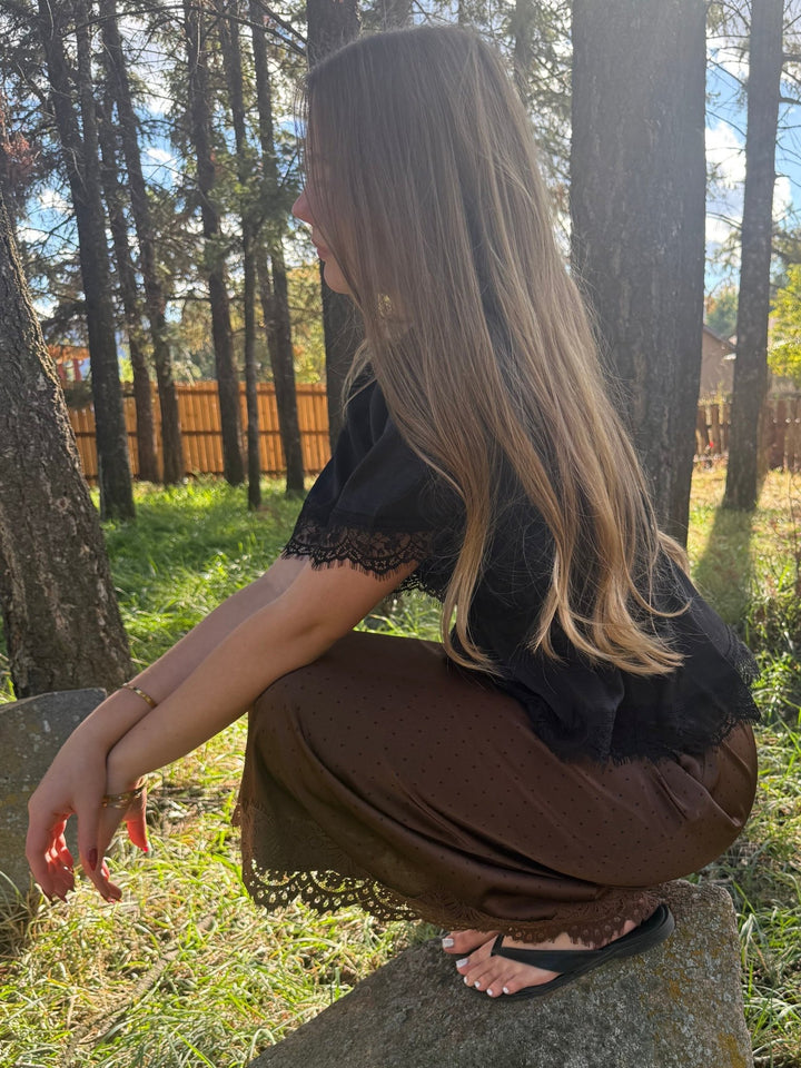 The Fable Lace-Trim Polka Dot Midi Skirt – Chocolate Brown - Timber &amp; Velvet Boutique