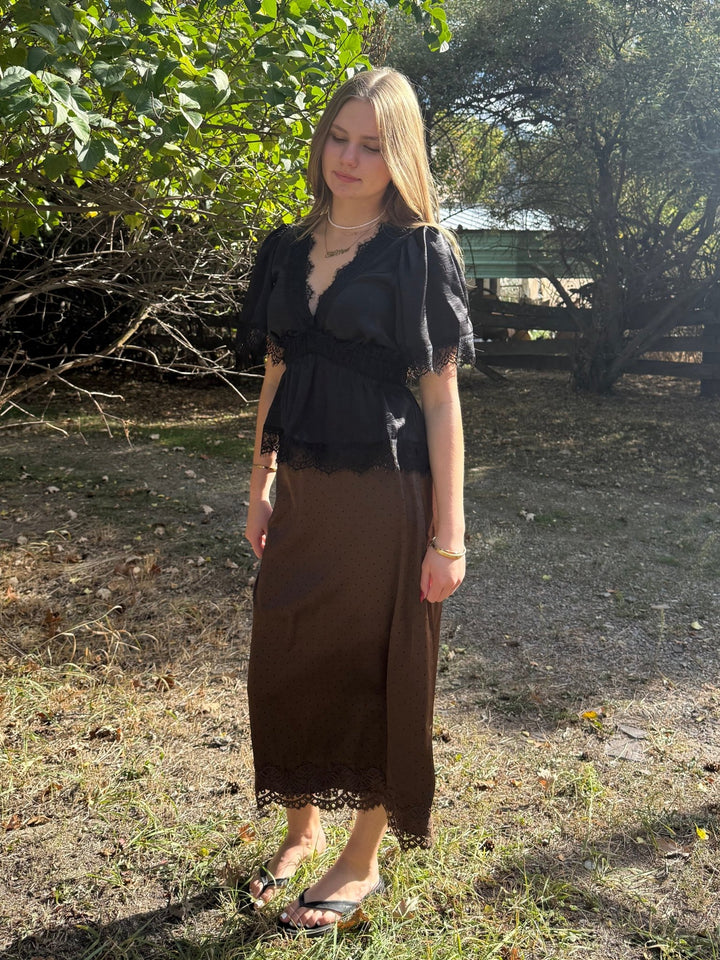 The Fable Lace-Trim Polka Dot Midi Skirt – Chocolate Brown - Timber &amp; Velvet Boutique
