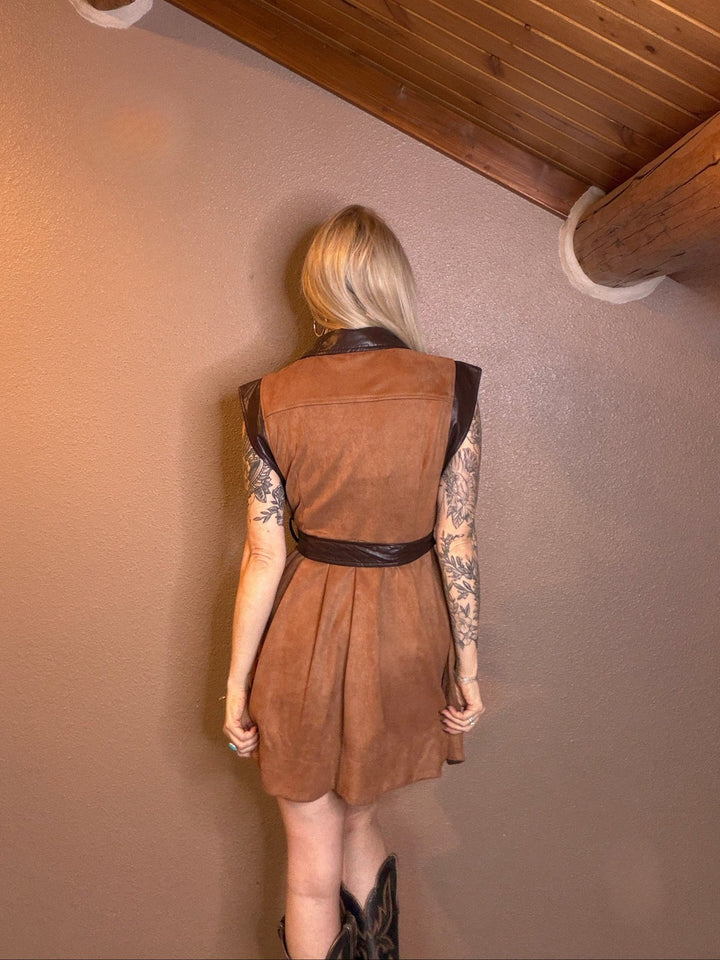 The Fawn Faux Leather Trim Sleeveless Shirt Mini Dress - Timber &amp; Velvet Boutique