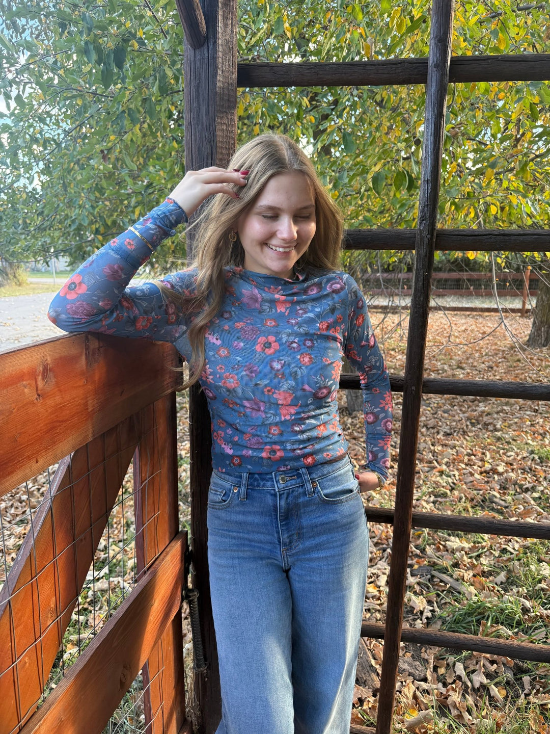 The Felicity Blue &amp; Orange Floral Mesh Top - Timber &amp; Velvet Boutique