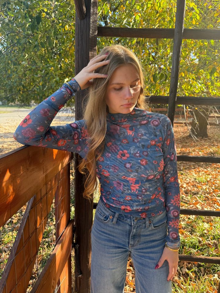 The Felicity Blue &amp; Orange Floral Mesh Top - Timber &amp; Velvet Boutique