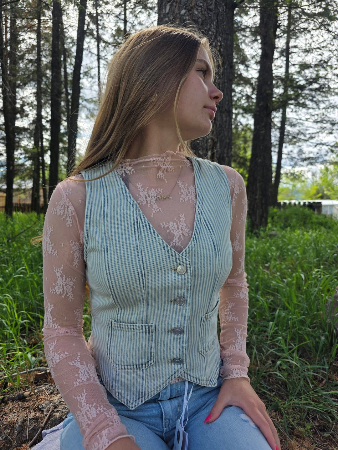 The Georgia - Striped Acid - Wash Denim Vest Top - Timber & Velvet Boutique