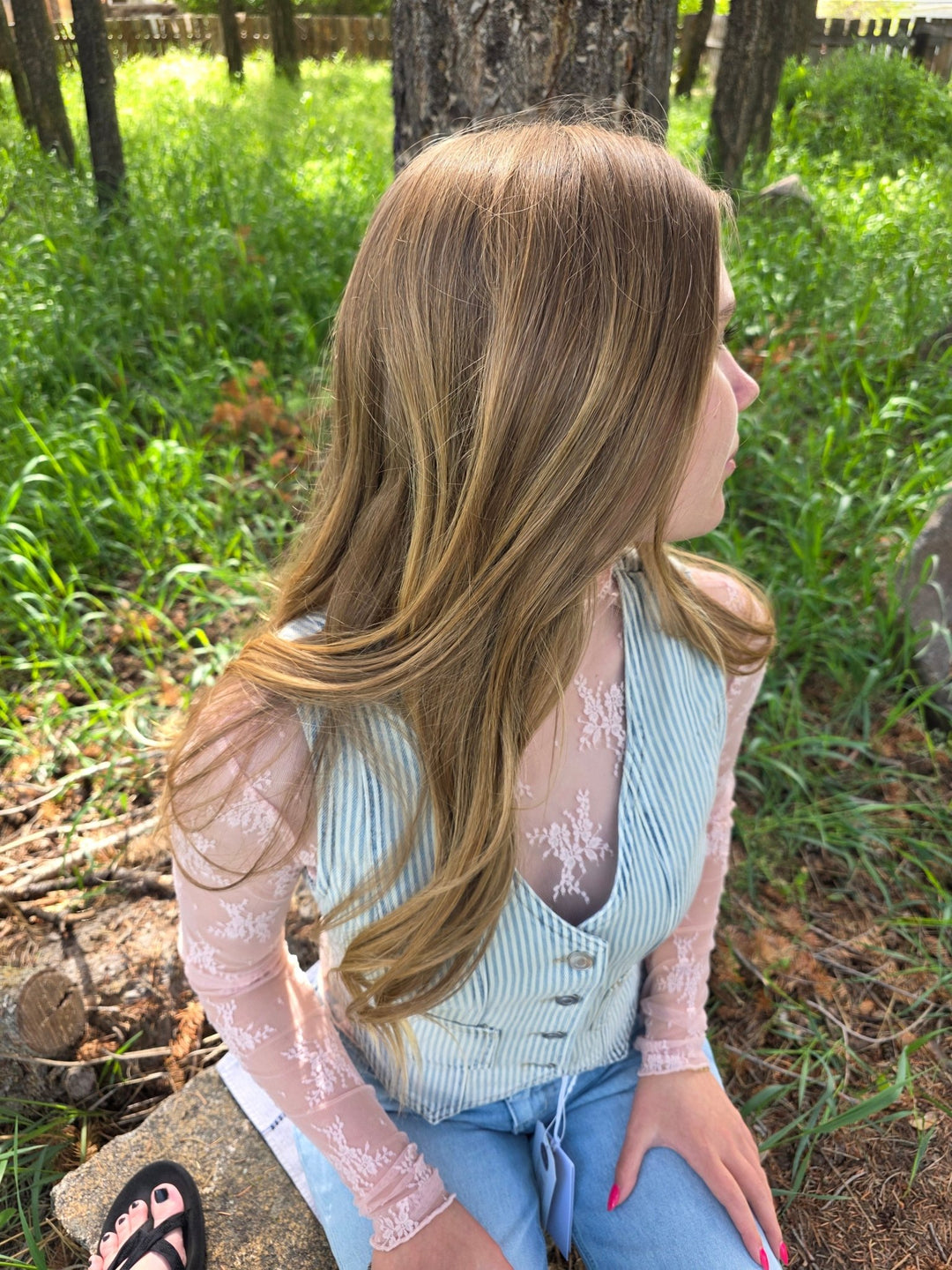The Georgia - Striped Acid - Wash Denim Vest Top - Timber &amp; Velvet Boutique