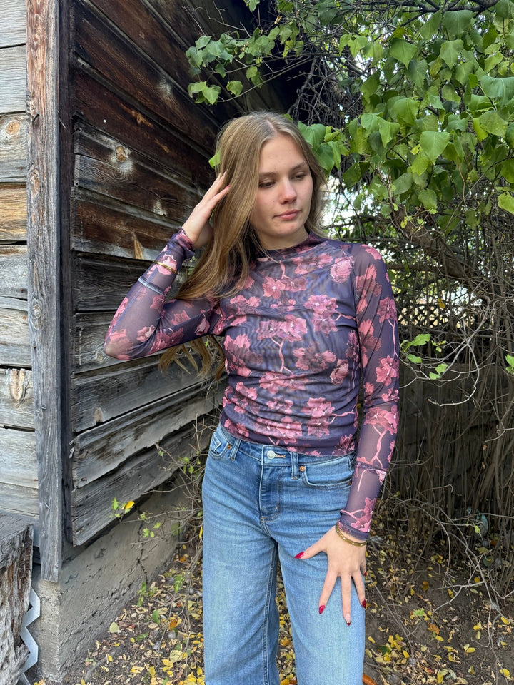 The Gillian Floral Mesh Mock Neck Top – Reddish Brown Sheer Long Sleeve with Thumbholes - Timber &amp; Velvet Boutique