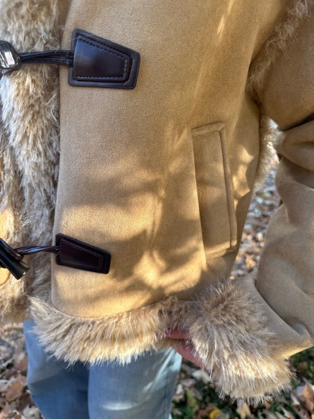 The Ginger: Tan Cropped Faux Suede Jacket with Faux Fur Trim - Timber &amp; Velvet Boutique